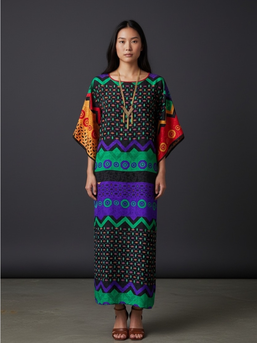 80s Vintage Graphic Colorful Geometric Print Kaftan Dress | OSFM